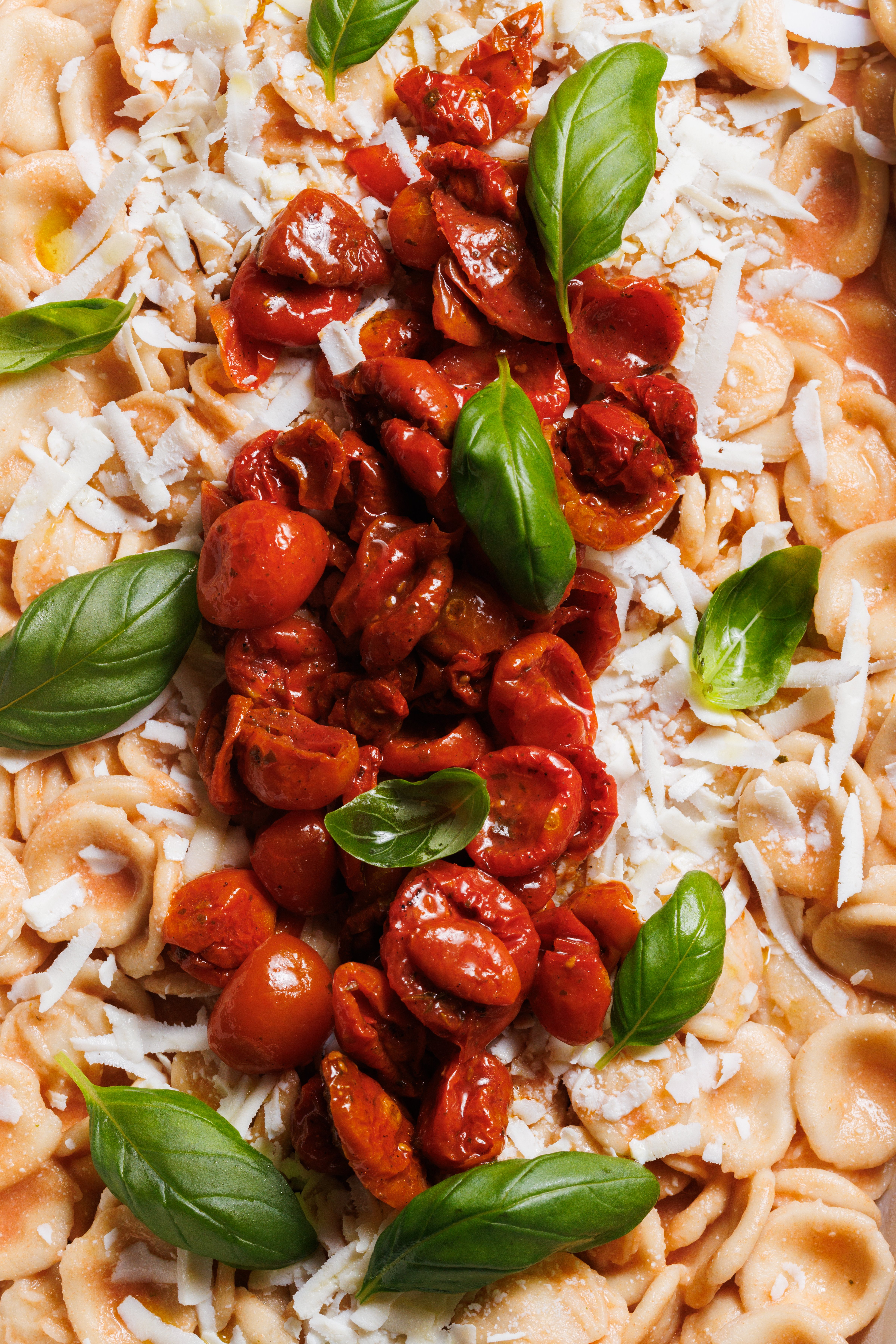 A top-down view of orecchiette pasta topped with roasted cherry tomatoes, fresh basil leaves, and grated parmesan cheese.
