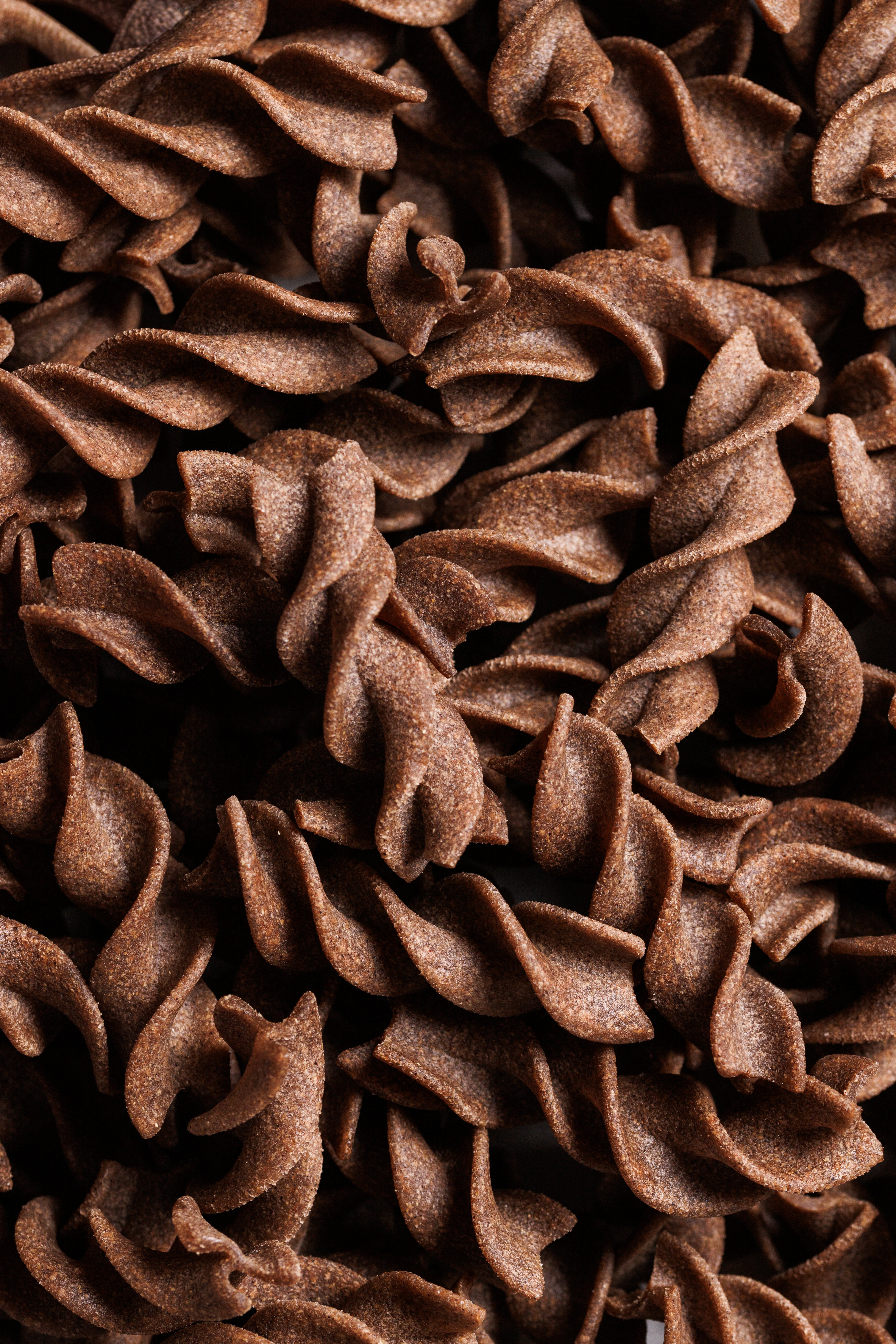 A close-up view of raw, dark brown fusilli pasta spirals.