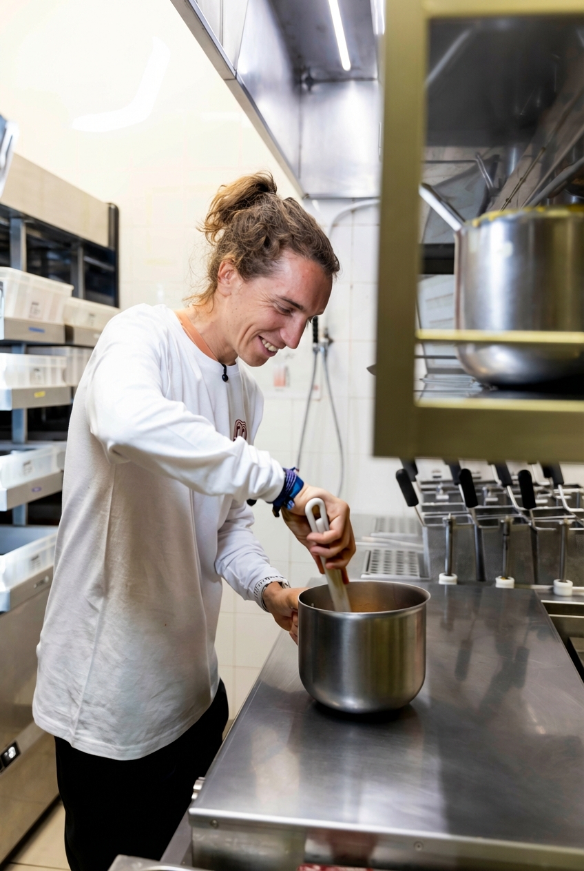 A smiling chef in a professional kitchen stirs a metal pot while preparing food.