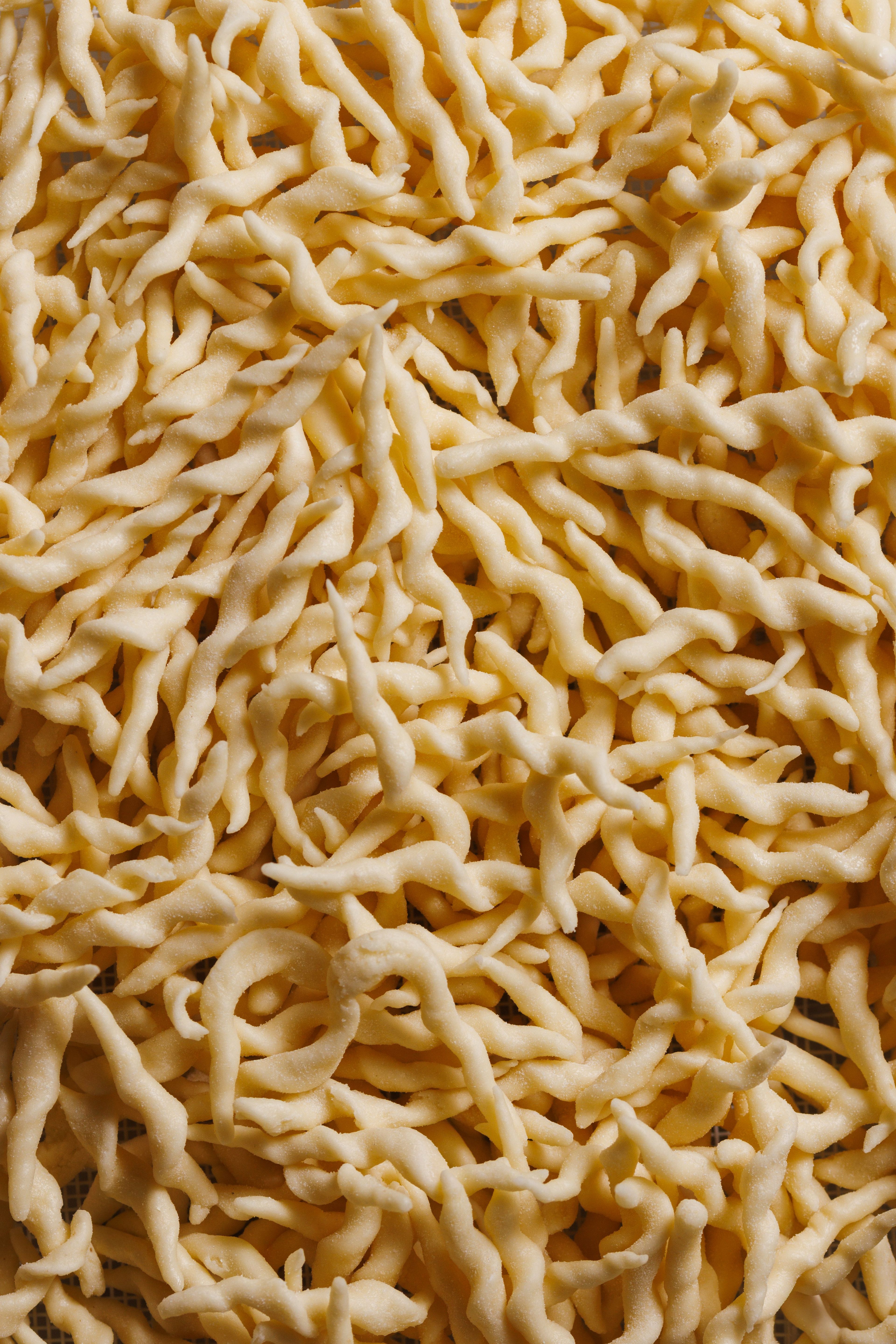 A close-up view of a large pile of freshly made, twisted pasta shapes.
