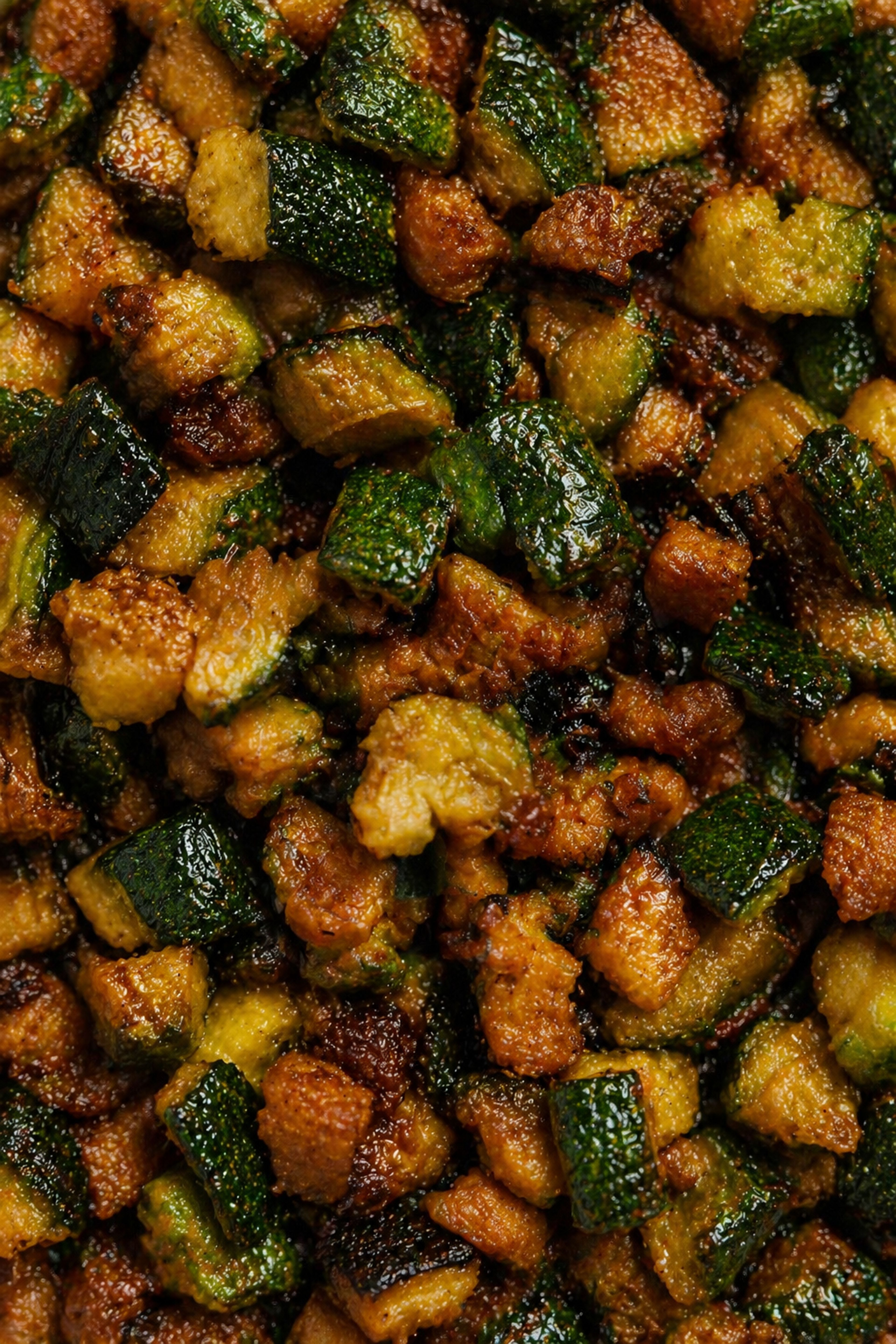 A close-up view of sautéed zucchini cubes cooked until golden brown and tender.