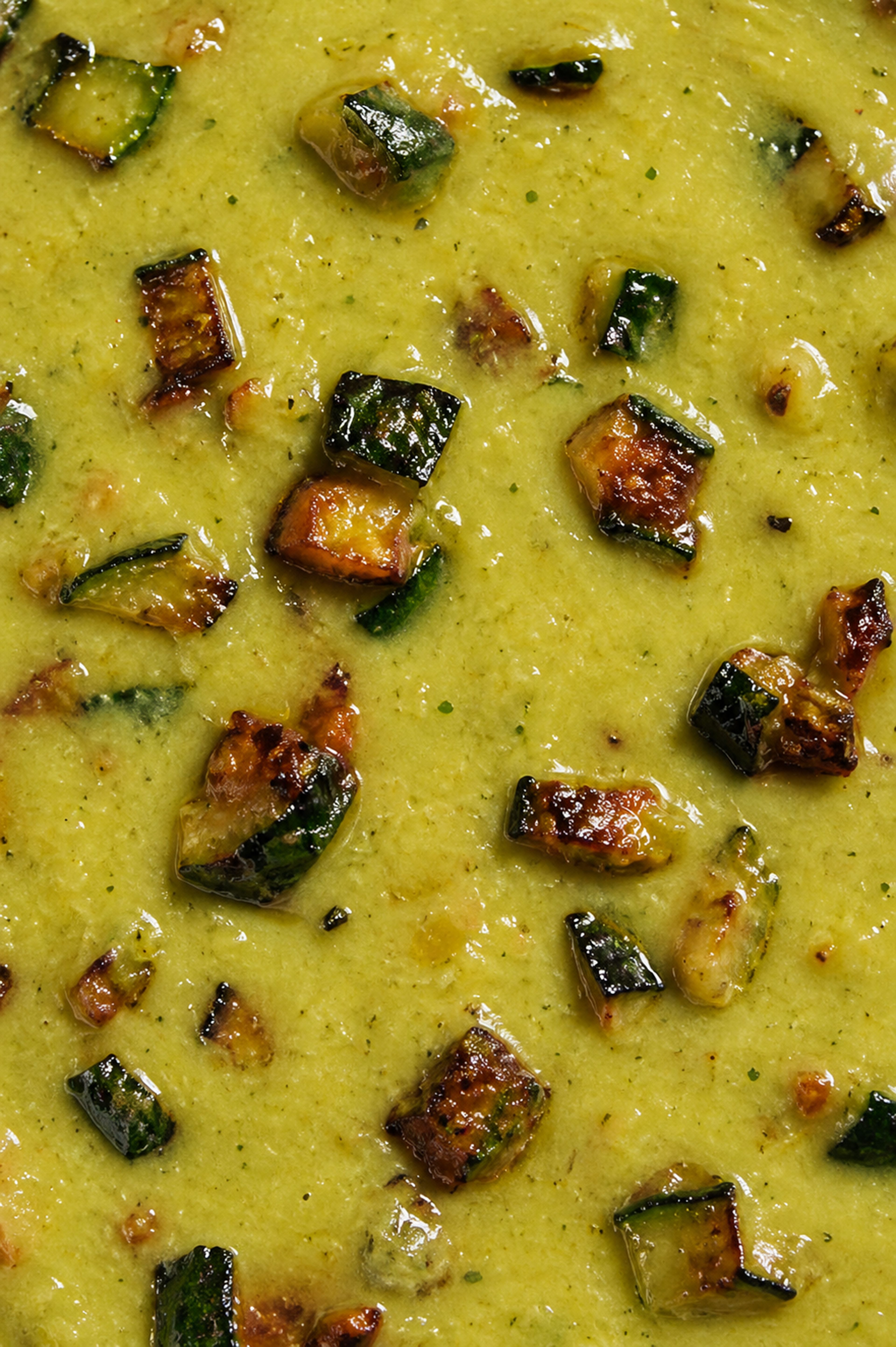 A close-up view of a creamy green vegetable soup topped with roasted zucchini chunks.