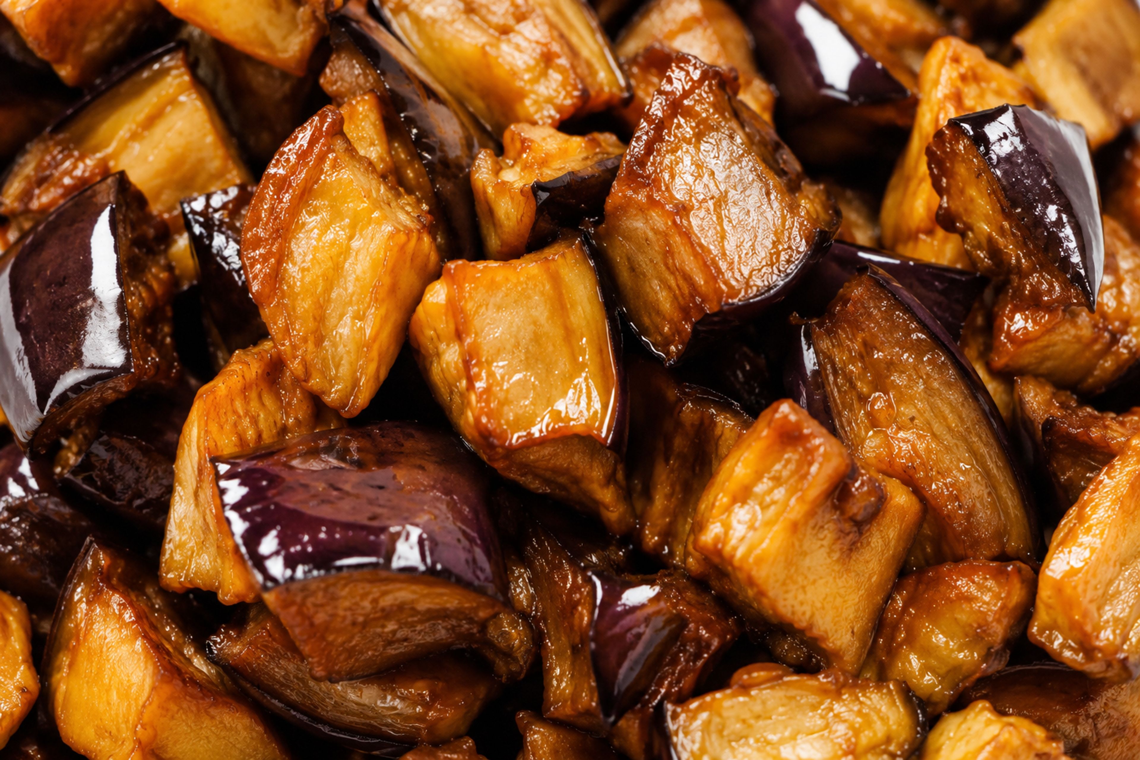 A close-up view of sautéed eggplant cubes with a glossy, caramelized glaze.