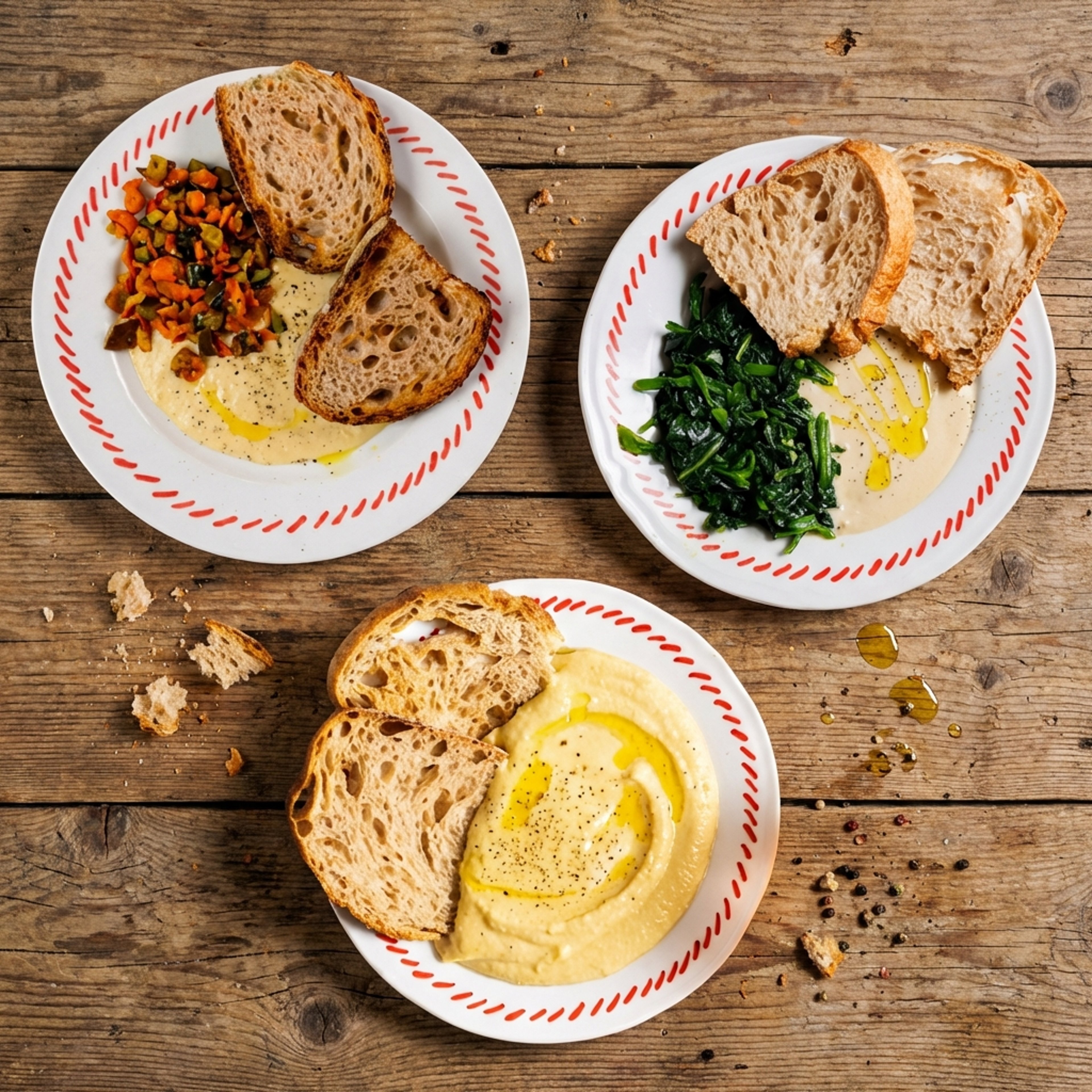 Three plates of creamy hummus served with toasted sourdough bread and various vegetable toppings on a rustic wooden table.