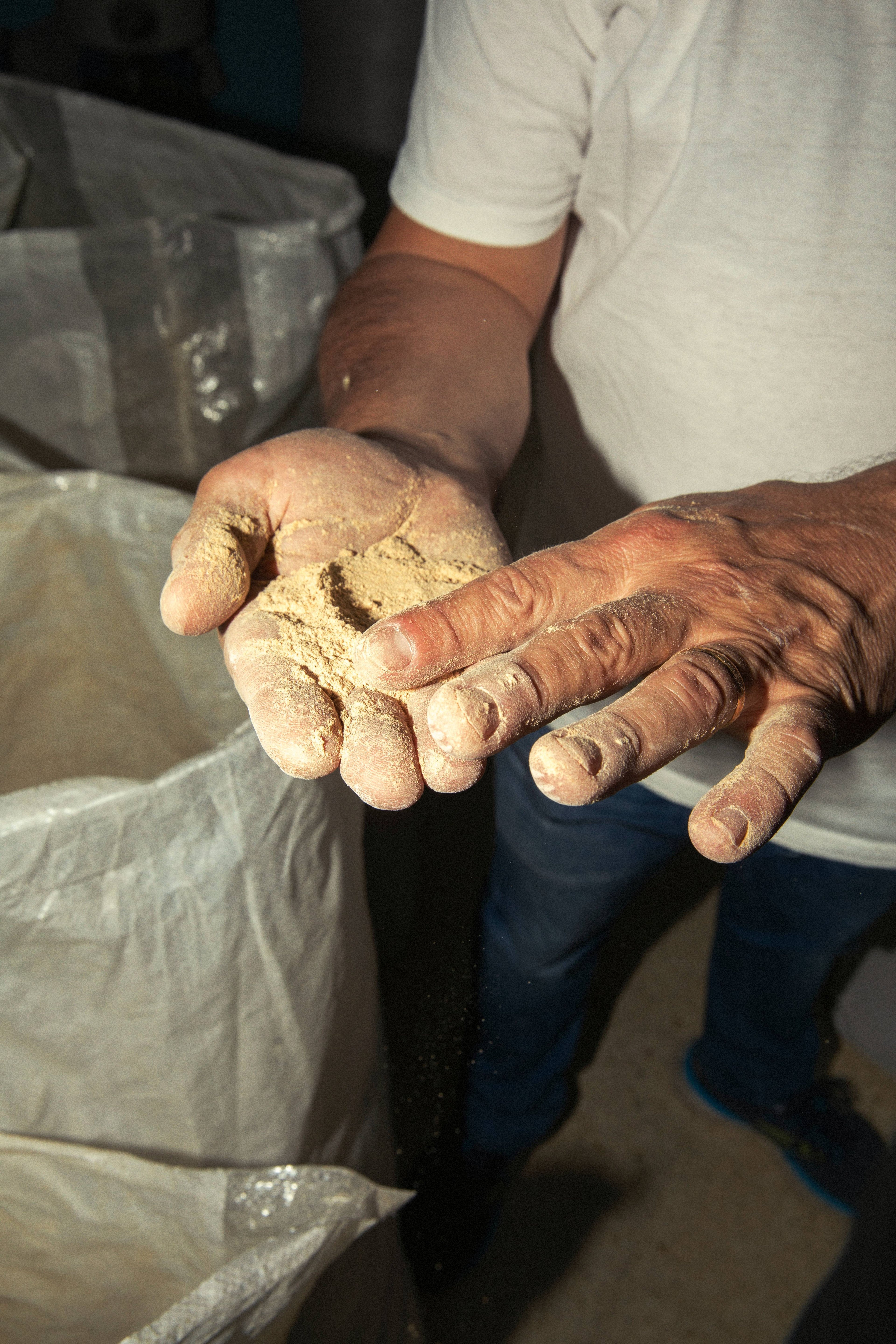 A person holds a handful of finely ground grain or flour in a dimly lit, rustic workspace.