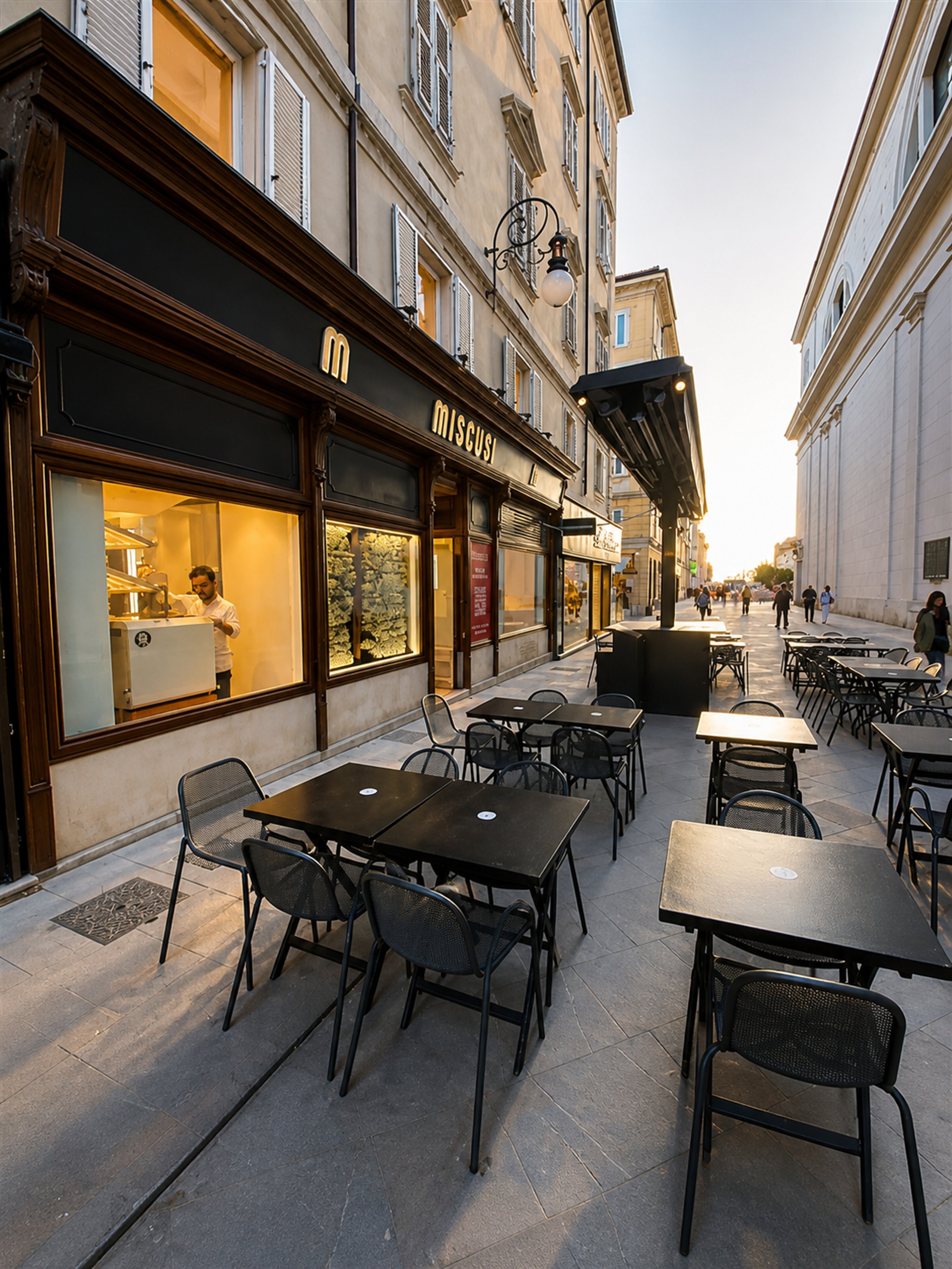 An outdoor seating area of a restaurant named Miscusi features black metal tables and chairs under warm evening light.