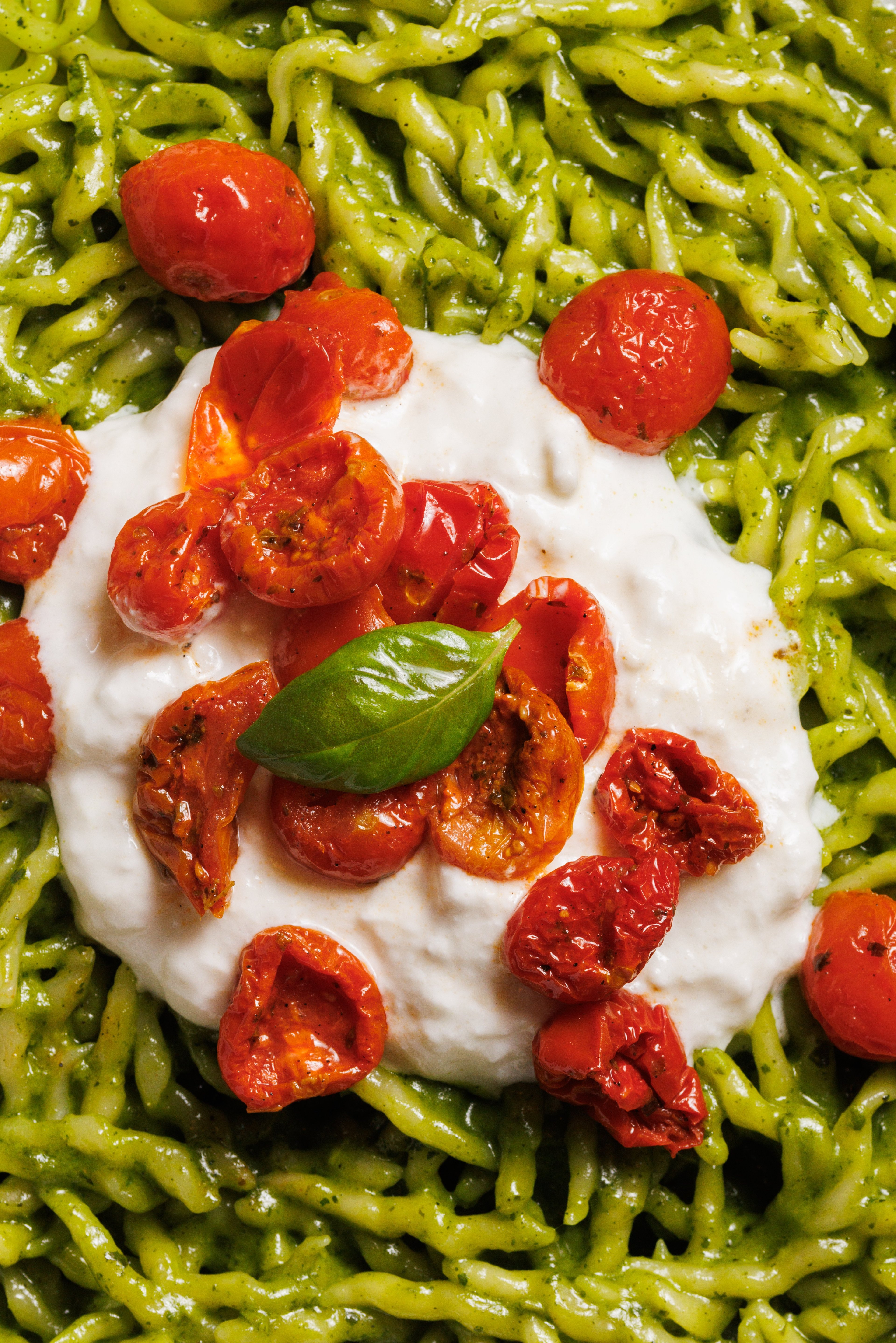 A vibrant dish of fusilli pasta tossed in green pesto and topped with creamy burrata cheese and roasted cherry tomatoes.